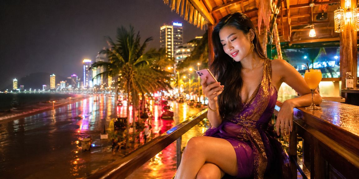 Người dùng tại bãi biển Nha Trang nhận cashback bonus và xem kèo thể thao trên điện thoại